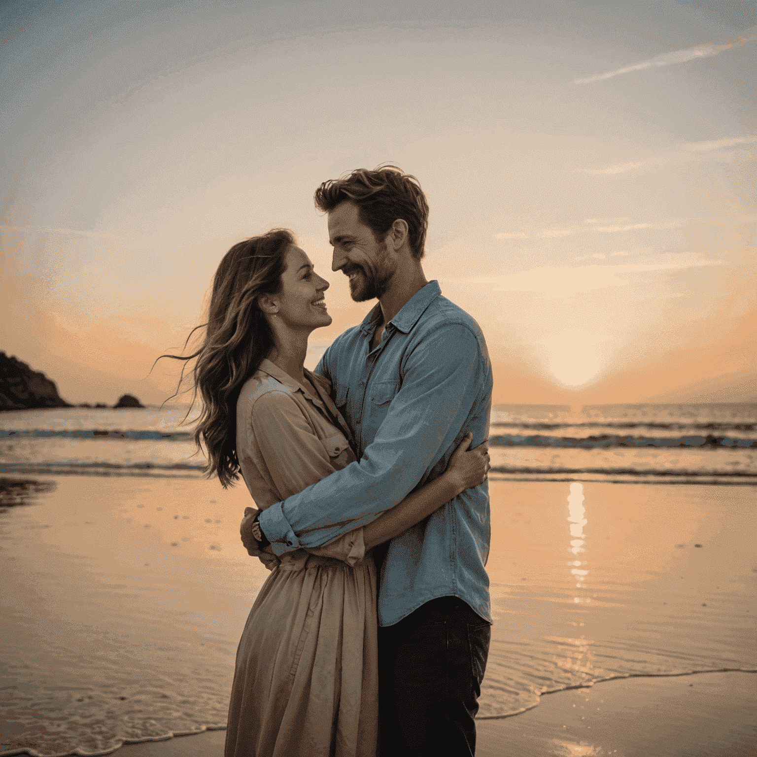 Happy couple embracing on a beach at sunset, representing finding your ideal partner