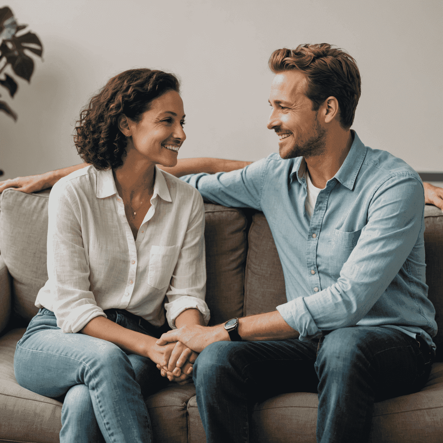 A couple having a heartfelt conversation, sitting close together on a couch, holding hands and looking into each other's eyes with love and understanding