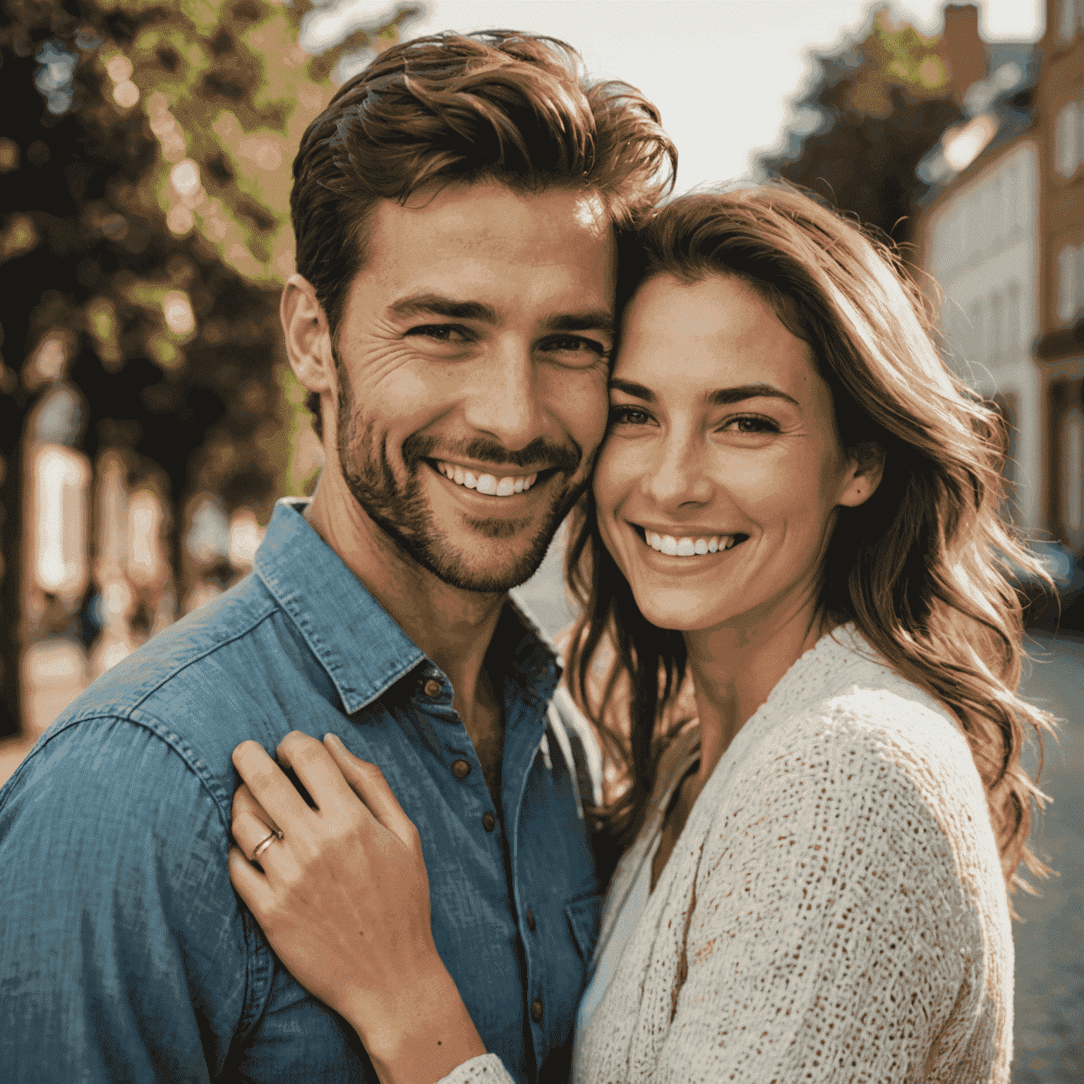 Smiling man and woman embracing outdoors, looking genuinely happy and in love