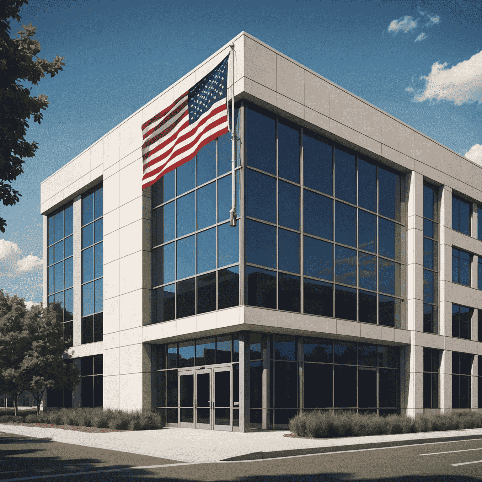 The exterior of a modern office building with an American flag, representing Grupsamos' USA office