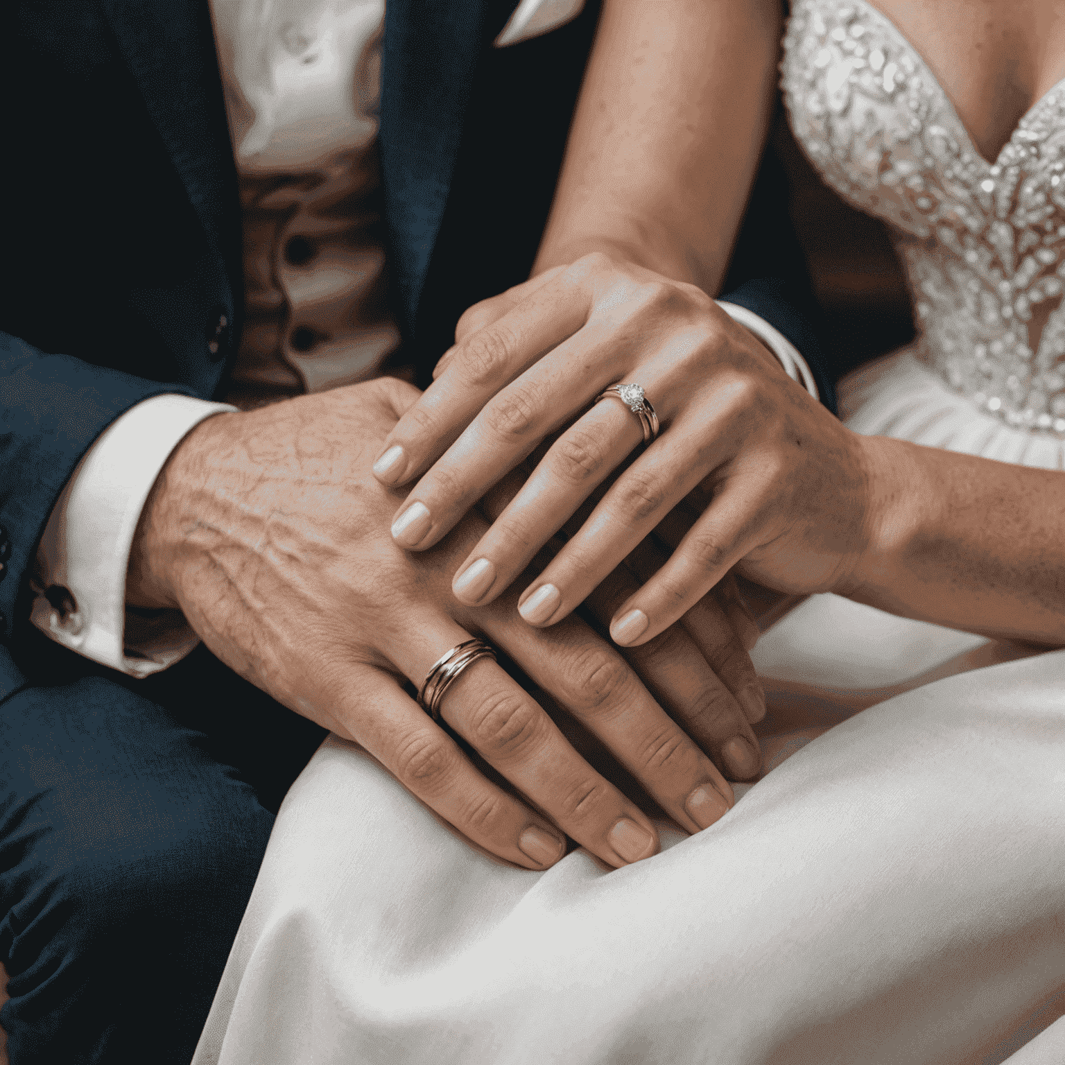 Close up of a man and woman's hands intertwined, wedding rings visible